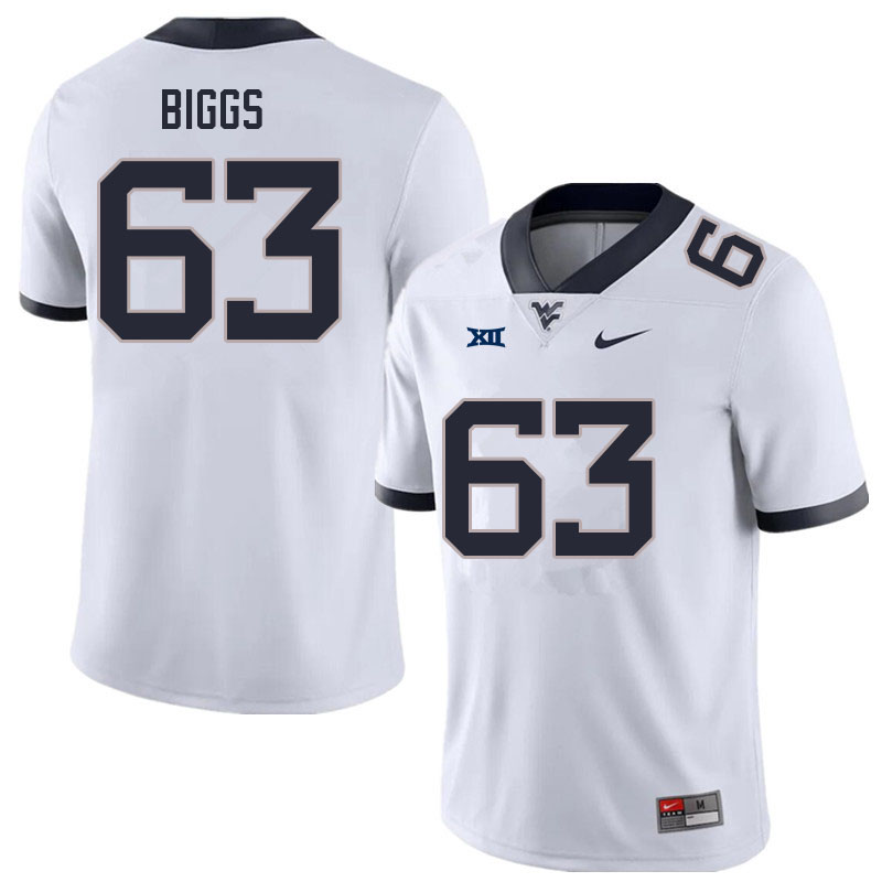 Men #63 Bryce Biggs West Virginia Mountaineers College Football Jerseys Sale-White - Click Image to Close